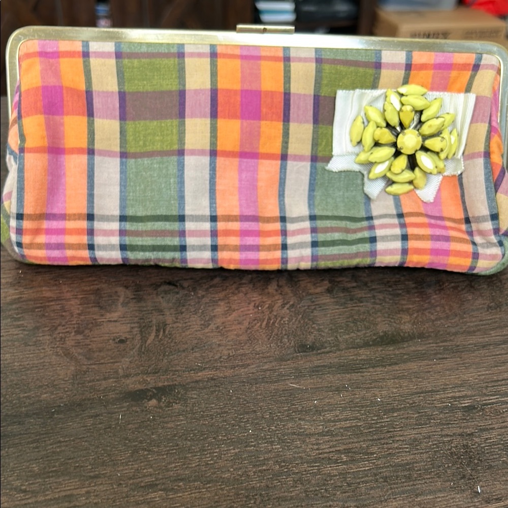 Colorful Plaid Clutch with Floral Accent